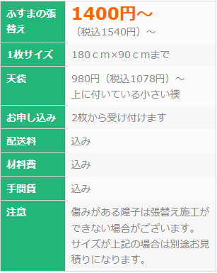 ふすまの価格表